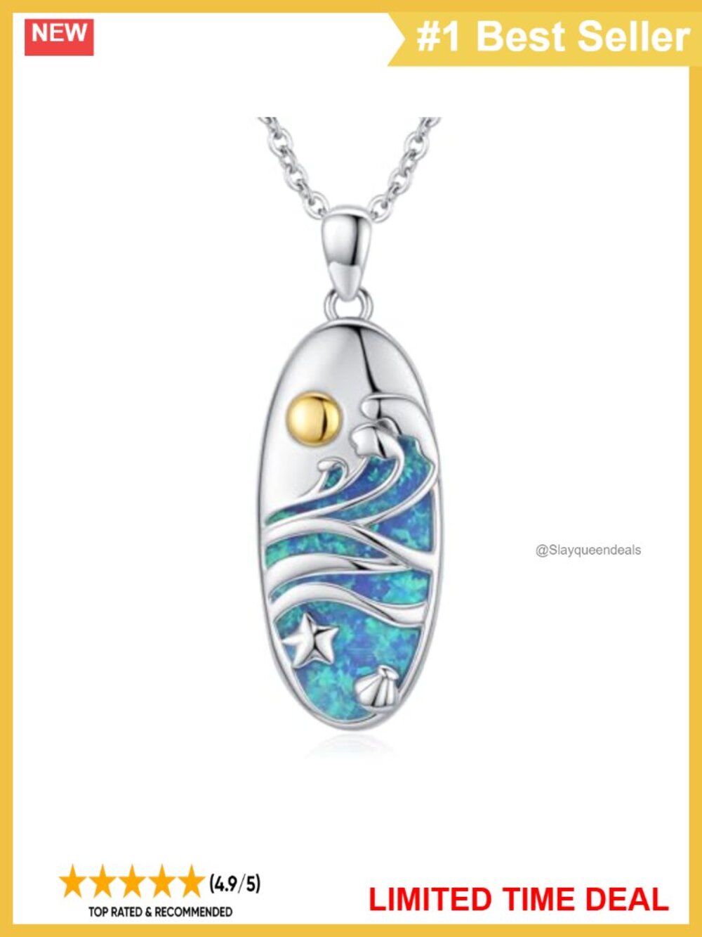 925 Sterling Silver Blue Opal Necklace Oval Wave Pendant Beach Jewelry Gift